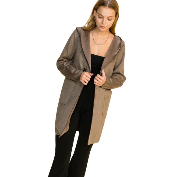 HYFVE WOMENS MUSHROOM/BEIGE LONG SLEEVE FAUX SUEDE JACKET W/HOOD W/POCKETS - - Picture 3 of 10